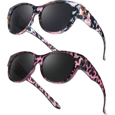 2Packs Polarised Fit Over Sunglasses For Women,  Round Frame Wear Over Glasses Sunglasses With UV400 Protection