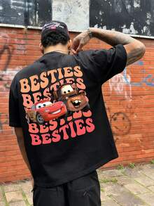 Disney-American Retro Street Style | Lightning McQueen And Banya "BESTIES" Fun Printed Short Sleeved T-Shirt From "Cars" - màu đen - Xem 1