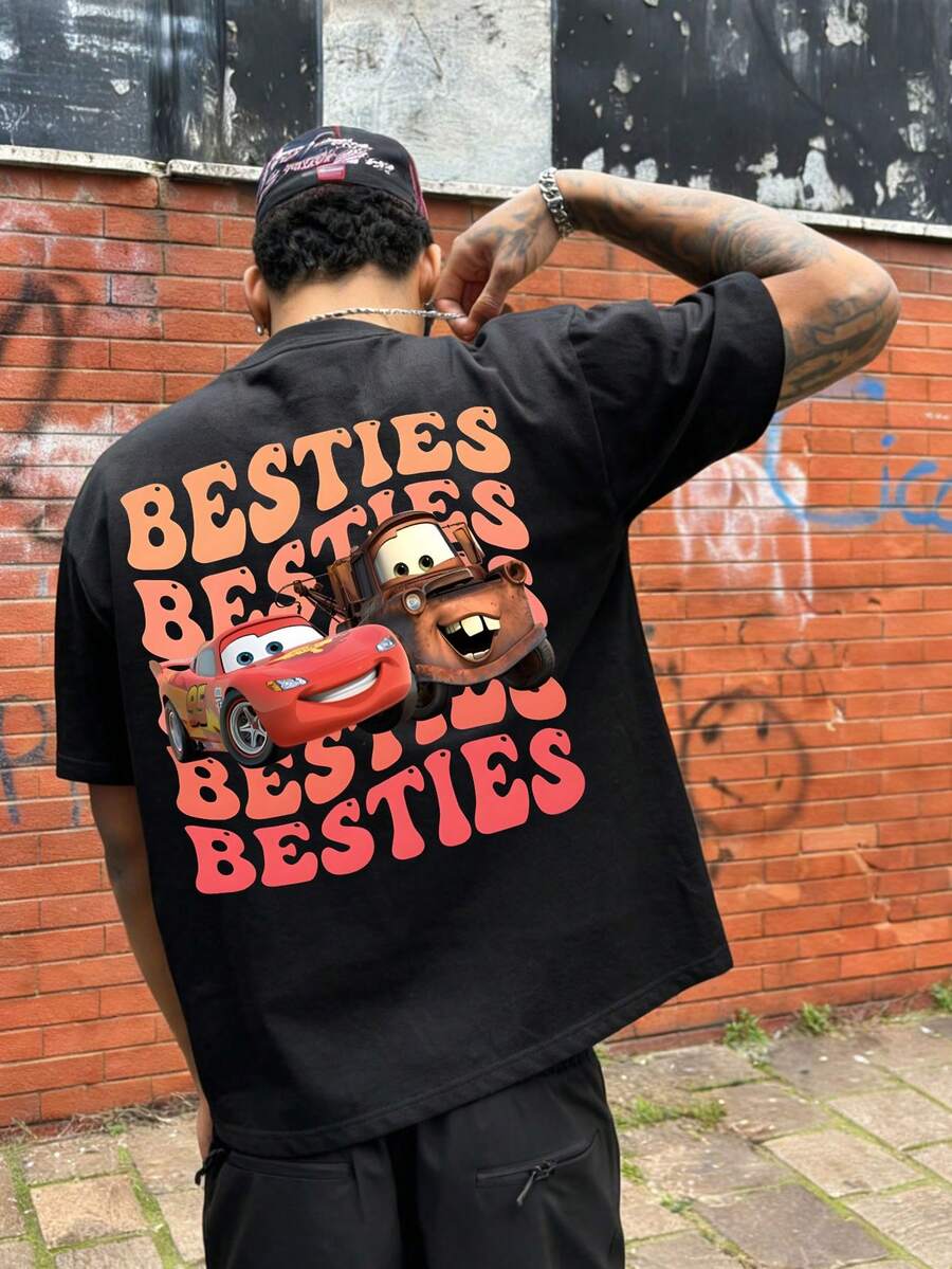 Disney-American Retro Street Style | Lightning McQueen And Banya "BESTIES" Fun Printed Short Sleeved T-Shirt From "Cars" - màu đen - Xem 1