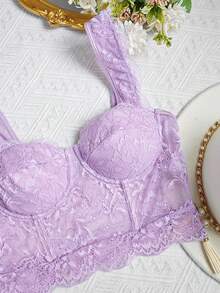 Top corto con volantes de encaje púrpura transparente para uso en fiestas - Morado - Ver 8