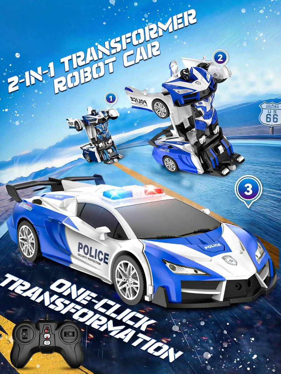 1pc Remote Control Car, Transforming Toy Car Robot, One-Key Transformation Into Robot With Flashing Lights, 2.4GHz 1:18 Scale Transforming Police Car Children's Toy, Remote Control Police Car, Supports High-Speed 360° Rotating Robot Racing Toy, Transforming Remote Control Car Toy, Suitable For 3-4-5-6-7-8-9-10-11-12 Years Old Children's STEM Education Gift, Ideal Toy Car For Boys Christmas/Halloween/Easter/Thanksgiving/Birthday Gift