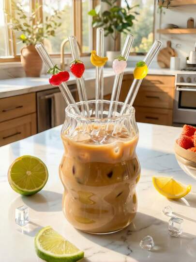 1/2 piezas Pajitas de vidrio reutilizables con encantos de limón/cereza/fresa roja/fresa rosa, para vasos de agua, pajitas de beber curvas y transparentes lindas con cepillo de limpieza, para bebidas frías, leche, té, café, jugos, batidos, cocinas, restaurantes, fiestas de cócteles, vuelta al cole, regalos para novias/novios, padres, amigos, suministros para días festivos, Halloween, Acción de Gracias, Navidad, Día de la Madre y Día del Padre