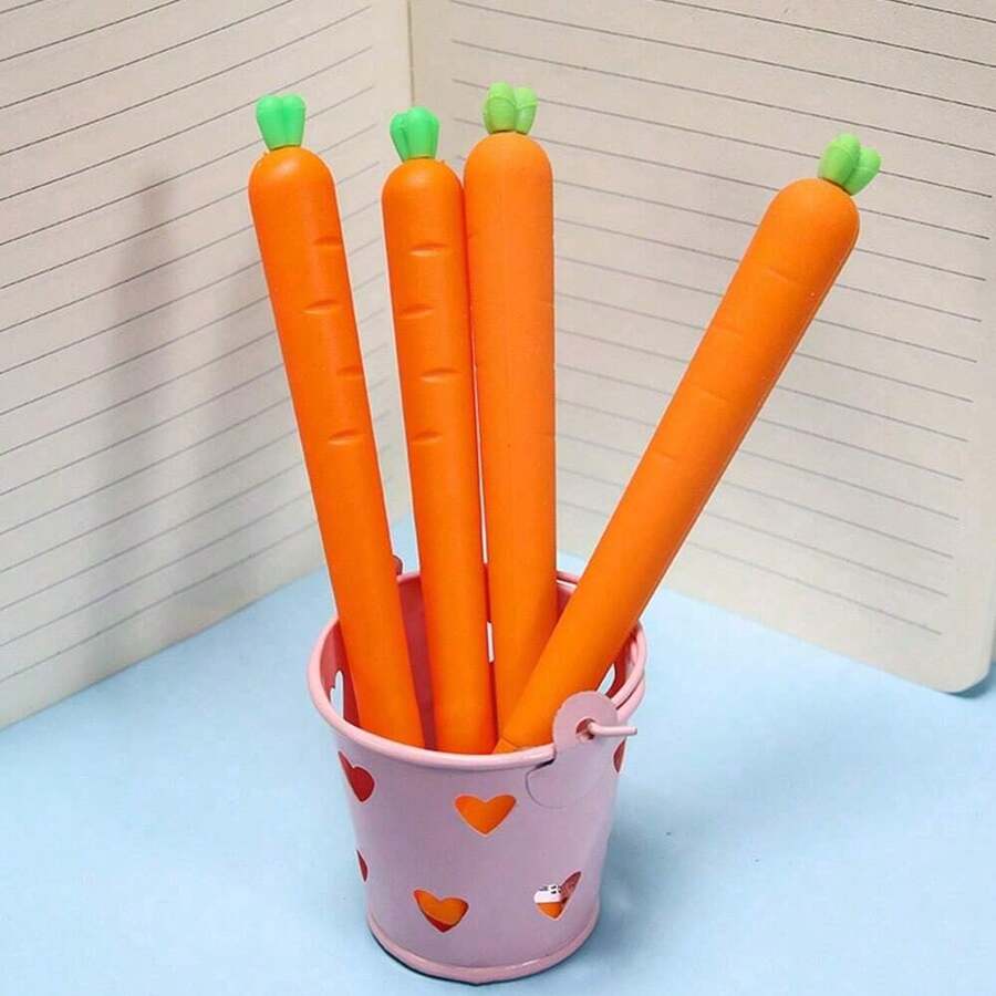 4pcs/Set Fresh Carrot Shaped Soft Gel Black Neutral Pens, Vegetable Design Student Stationery, Back To School - Sets - View 1