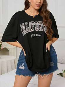Plus Letter Graphic Drop Shoulder Tee California Plus Size-Shirt PurpleUnisex Casual-ShirtsCasual Short-Sleeve-Shirts Men And Women - 黑色 - 查看 6