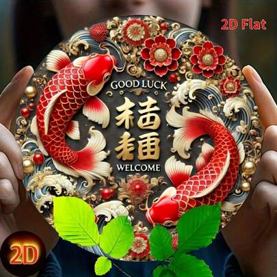 1pc 2D Flat Iron Carp Wall Decor - Lucky Symbol, Double Carp Design, With Bright Red And Black Pattern, 8" X 8", Suitable For Home, Office Or Cafe, Pre-Drilled Holes As Shown In Size Chart