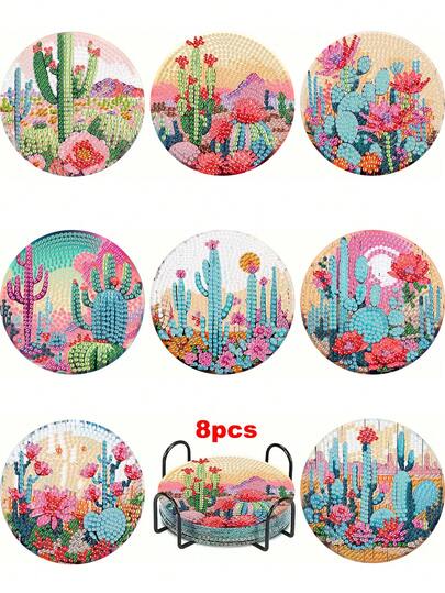 8pcs Desert Oasis DIY Diamond Painting Coaster Set, Round Bright Diamond Face, Sturdy Adhesive With Full Tools, Easy For Beginners Stress Relief Handcraft, New Year, Valentine's Day, Christmas, Teacher's Day Gift, Home Decor Tabletop Coasters For Family, Friends, Girlfriend, Teacher
