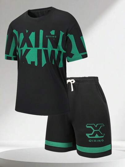 ชุดกีฬากลางแจ้งสำหรับผู้ชาย - เสื้อยืดแขนสั้นพิมพ์ลายตัวอักษรสีดำและเขียว และกางเกงขาสั้นมีเชือกผูก, ชุดกีฬาแห้งเร็วระบายอากาศได้ดี