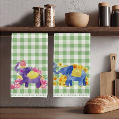 2条装大象图案厨房毛巾，40*60厘米，柔软超细纤维材质，适用于家庭、厨房、餐厅、户外露营、桌面清洁、餐具擦干，礼品