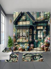 1/4pcs Green Floral Print Waterproof Bathroom Curtain Set, Includes Shower Curtain, Hooks, Anti-Slip Mat, U-Shaped Mat, Toilet Lid Cover, Thick Polyester Fabric, Prevents Water Accumulation - A - View 9