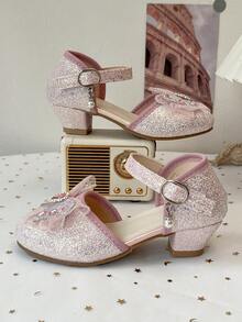 Sparkling Pink Princess Heels For Girls, Glitter Sequin Party Shoes With Jeweled Bow & Adjustable Strap, Fancy Dress Up Shoes - Pink - View 7