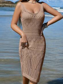 Women's Hollow Out Knitted Cover Up Dress (Swimsuit Not Included) - Khaki - View 4
