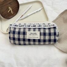 Checkered Makeup Pouch, Pencil Case, Lace Design, Large Capacity, Stylish And Cute, Perfect For Women, High School Girls, Stationery, Small Items, Pouch, Korean Style, Outings, Gift, Navy, White, Simple, Casual, Luxurious Design, Stylish - Blue Pencil Case - View 3