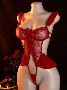 Sexy Lingerie, Lace Hollow-Out Design, Hollow-Out Bodysuit, Women's Bodysuit And Sexy Tight-Fitting Garment - 紅色 - 查看 6