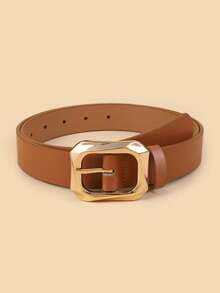 1pc Gold Square Buckle Leather Belt, Fashionable & Luxurious For Dresses, T-Shirts, Casual Pants - Coffee - View 2