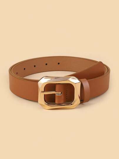 1pc Gold Square Buckle Leather Belt, Fashionable & Luxurious For Dresses, T-Shirts, Casual Pants