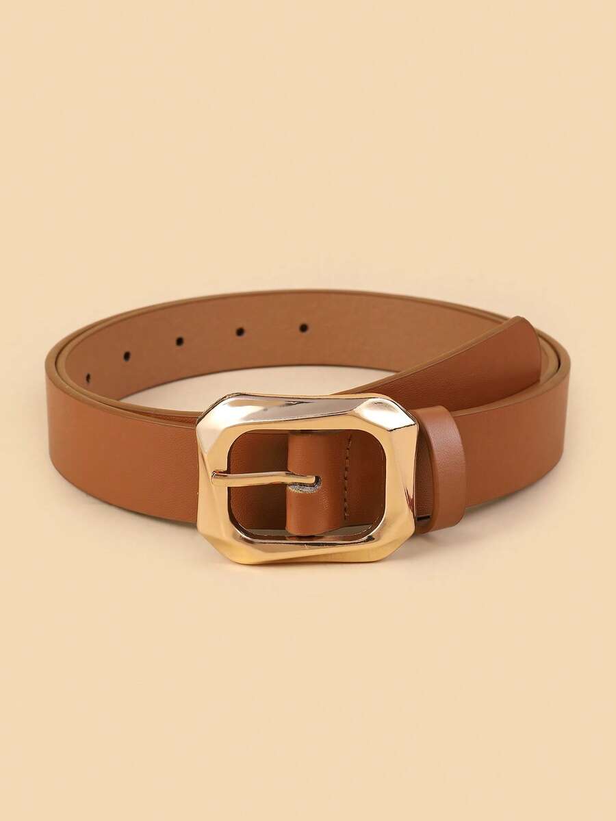 1pc Gold Square Buckle Leather Belt, Fashionable & Luxurious For Dresses, T-Shirts, Casual Pants
