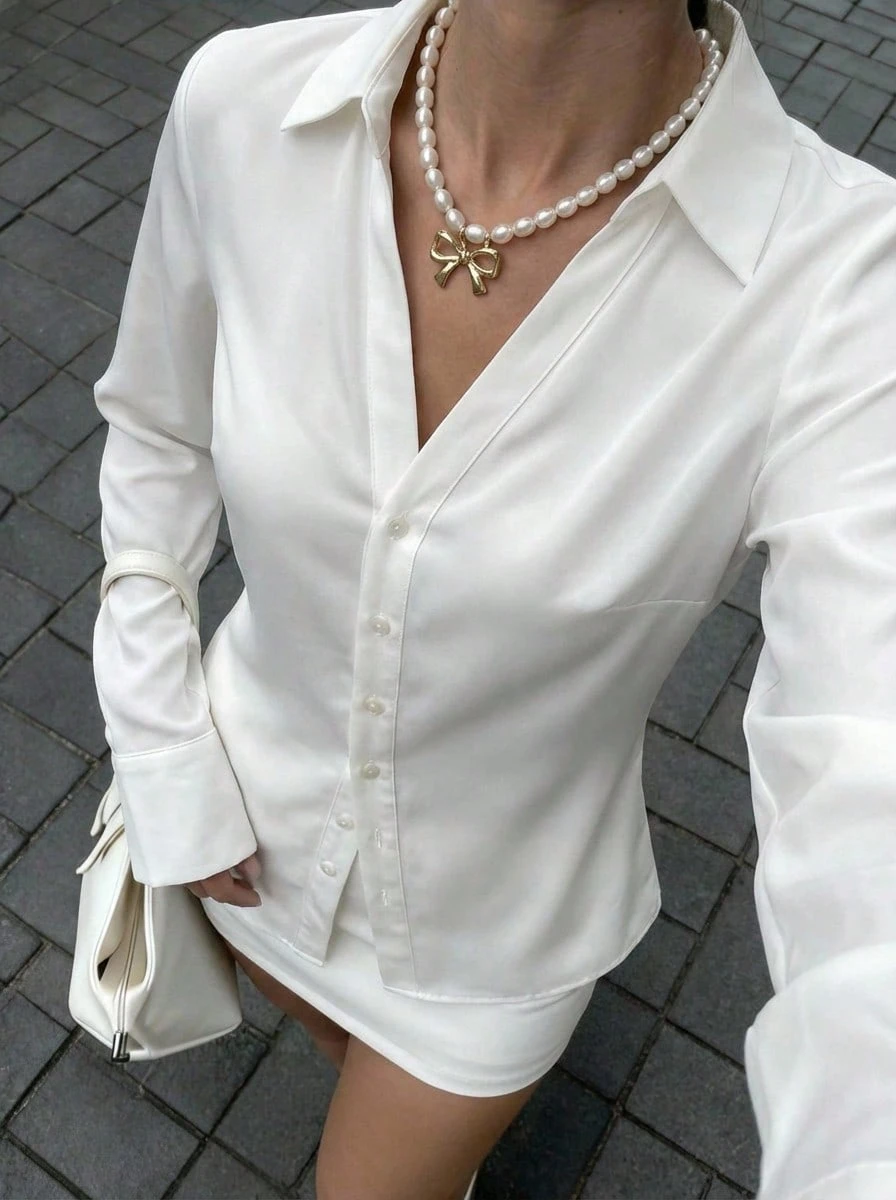 Buzzelle Elegant Women's White Shirt Collar Blouse With Long Regular Sleeves And Button Detailing - White - View 1