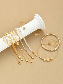 9pcs Fashionable Minimalist Elegant Heart, Flower, Daisy, Bow, Rhinestone Chain Bracelet Set, Suitable For Women, Holiday, Party, Birthday, Daily Wear - Yellow Gold - View 7