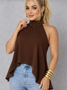 Women's Tank Top With Halter Neck And Tie Detail - Summer - 鏽棕色 - 查看 3