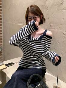 Y6Y 韩版藏蓝色条纹露肩长袖T恤，宽松休闲时尚女式上衣，秋冬季 - 藏蓝色 - 查看 8