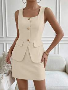 Women 2 Piece Outfits Button Up Sleeveless Blazer Vest Tops Mini Skirt Sets Casual Summer Vacation Office Dating Matching Set - 米色 - 查看 1