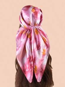 Chic & Elegant Lotus Pattern Printed Ladies Satin Scarf, Leisure Sunscreen Headband Scarf Bandana,Hair Band,Head Band Ideal For Dressing Up Your Look Valentine's Day Valentines - 粉色 - 查看 1