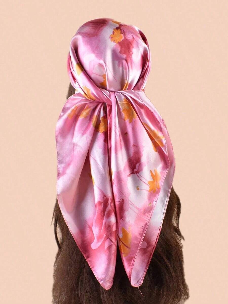 Chic & Elegant Lotus Pattern Printed Ladies Satin Scarf, Leisure Sunscreen Headband Scarf Bandana,Hair Band,Head Band Ideal For Dressing Up Your Look Valentine's Day Valentines - 粉色 - 查看 1