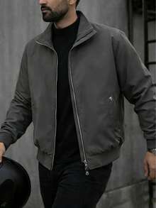 1pc Men's Zip-Up Long Sleeve Jacket, Stand Collar Design, 2 Pockets (With Metal Buckle), Suitable For Spring & Autumn Outdoor Sports - Dark Grey - View 1