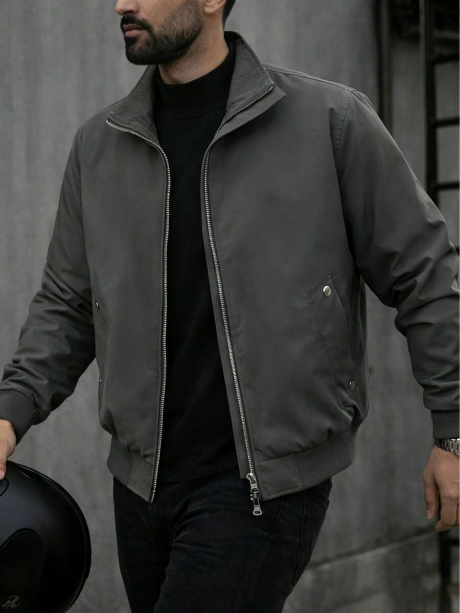 1pc Men's Zip-Up Long Sleeve Jacket, Stand Collar Design, 2 Pockets (With Metal Buckle), Suitable For Spring & Autumn Outdoor Sports - Dark Grey - View 1