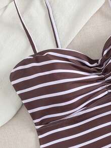 Women's Summer Beach Coffee Striped 2 Pieces Bikini Set, Designed In Men's Shorts Style, Extremely Sexy And Flattering, Essential Item For Beach Vacation And Swimming Parties - Brown - View 6