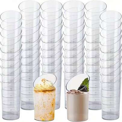 10/20/30/40/50/60/100/120pcs Transparent Slanted Rim Round Cups, Mousse Cups, Pudding Cups, Dessert Cups, Cold Drink Party Cups, Reusable, Suitable For Weddings, Festivals And Various Themed Celebrations