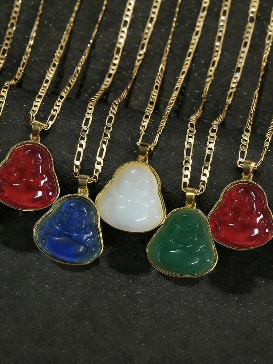 1件时尚镀金佛像吊坠项链，男女通用，蓝色、绿色、红色、白色佛头图案扁平费加罗链项链 - Buddha - 查看 1