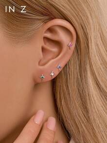 IN Z 1pc 925 Sterling Silver Gem-Encrusted Star Internally Threaded Lip Ring, Gold 3-Cubic Zirconia Triangle Stud Earring, Flat Cartilage Earring, Rear Lip Ring, Suitable For Daily Wear By Men And Women (Sold Individually) - Multicolor - View 5