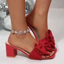 女士户外PU皮革蝴蝶结漆皮高跟凉鞋，适合派对和夏季穿着 - 紅色 - 查看 5