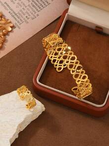 2pcs 24K Gold Plated Hollow Double-Ring Bracelet And Ring Set, Middle Eastern Saudi Arabia Ramadan Style, 3D Geometric Texture + Intricate Woven Design, Vintage Luxury Party Accessories - Yellow Gold - View 2