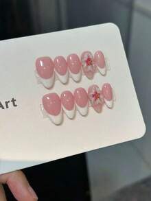 10 Pcs Handmade Nail Art Patches Nails, Handmade Full Coverage French Square Medium Length, 3D Hand-Painted Floral Design, Glossy, Pink And White, Elegant And Lovely Almond Shaped High-End Minimalist Vacation Style Three-Dimensional Carved Elegant Nail Art, Cute And Spicy Girl Nail Art Suitable Women And Girls' Daily And Party Wear, Fully Covered Nails Press On Nails Long Nail Supplies - 彩色 - 查看 5