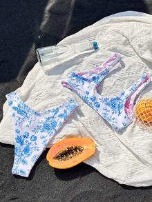 Women's Summer Bikini Set, Elegant Romantic Double-Sided Printed Twist Design Bikini Set, Suitable For Beach Vacation - Powder Blue - View 3