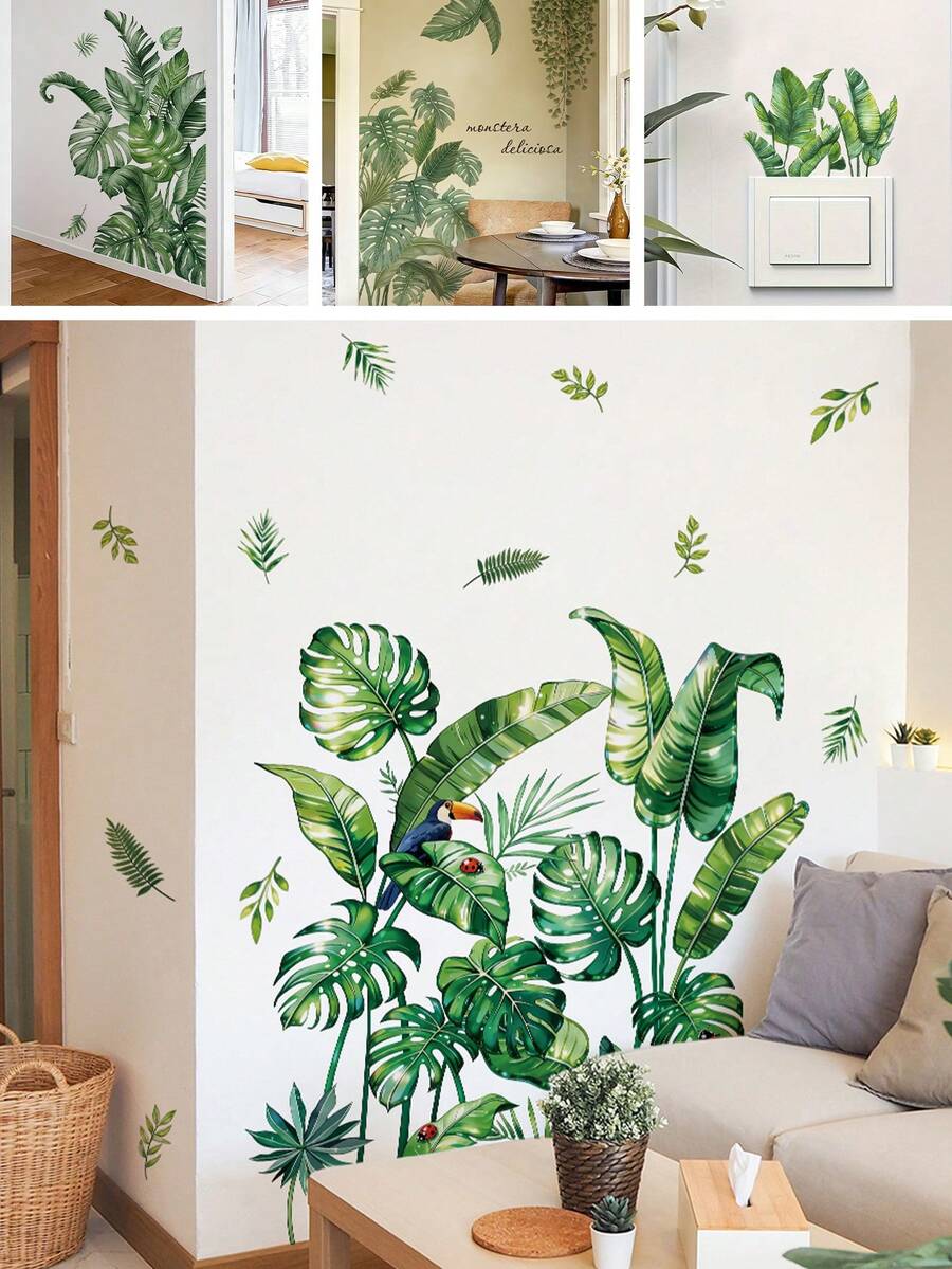 BRUP 1/2/3张/套热带丛林树叶墙贴，含巨嘴鸟和瓢虫图案 - 可移除自粘PVC墙贴，适用于卧室、客厅和浴室 - 熱帶葉片 - 查看 1