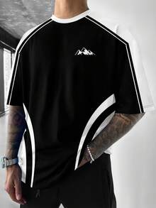 男士街头风黑白撞色山脉印花宽松T恤 - 彩色 - 查看 5