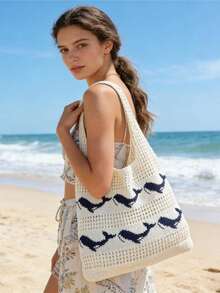 Women's Knitted Crochet Whale Pattern Casual Tote Bag, Mesh Beach Handbag - A - View 3