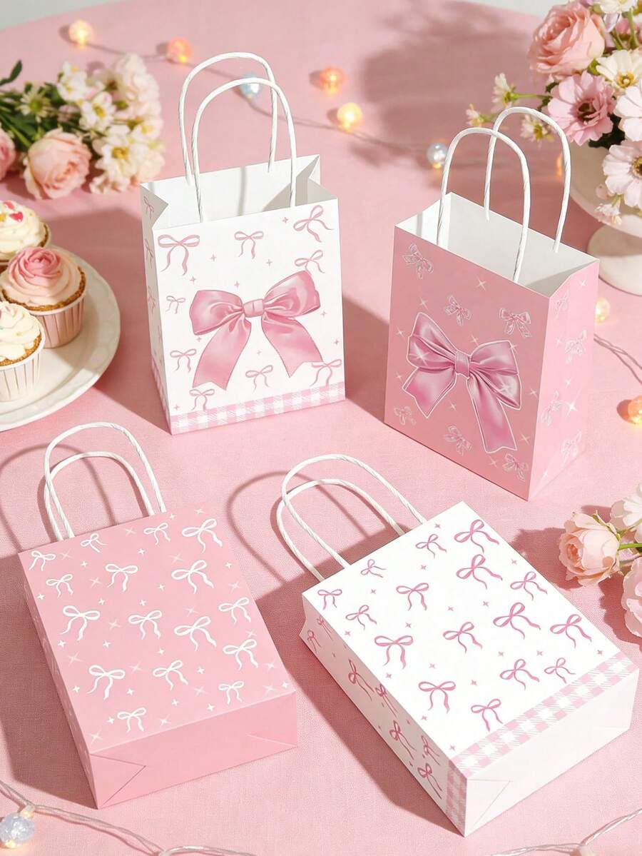 24/12/1pc Bow Gift Bags Bulk, Small Pink Gift Bag, Goodie Bag, Pink Bow Party Favor Bags Paper Treat Candy Snack Bag For Girls Birthday Baby Shower Wedding Easter Party Decoration - Multicolor - View 1