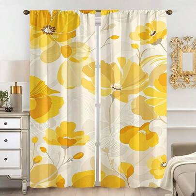 2PCS Yellow White Floral Abstract Line Art Modern Minimalist Style Digital Printed Curtains, 100% Polyester Fabric, Rod Pocket Style 2 Panels Curtains, No Lining, 90gsm, Width 180cm, Ideal For Bedroom, Living Room, Dining Room, Bathroom, Outdoor Curtains