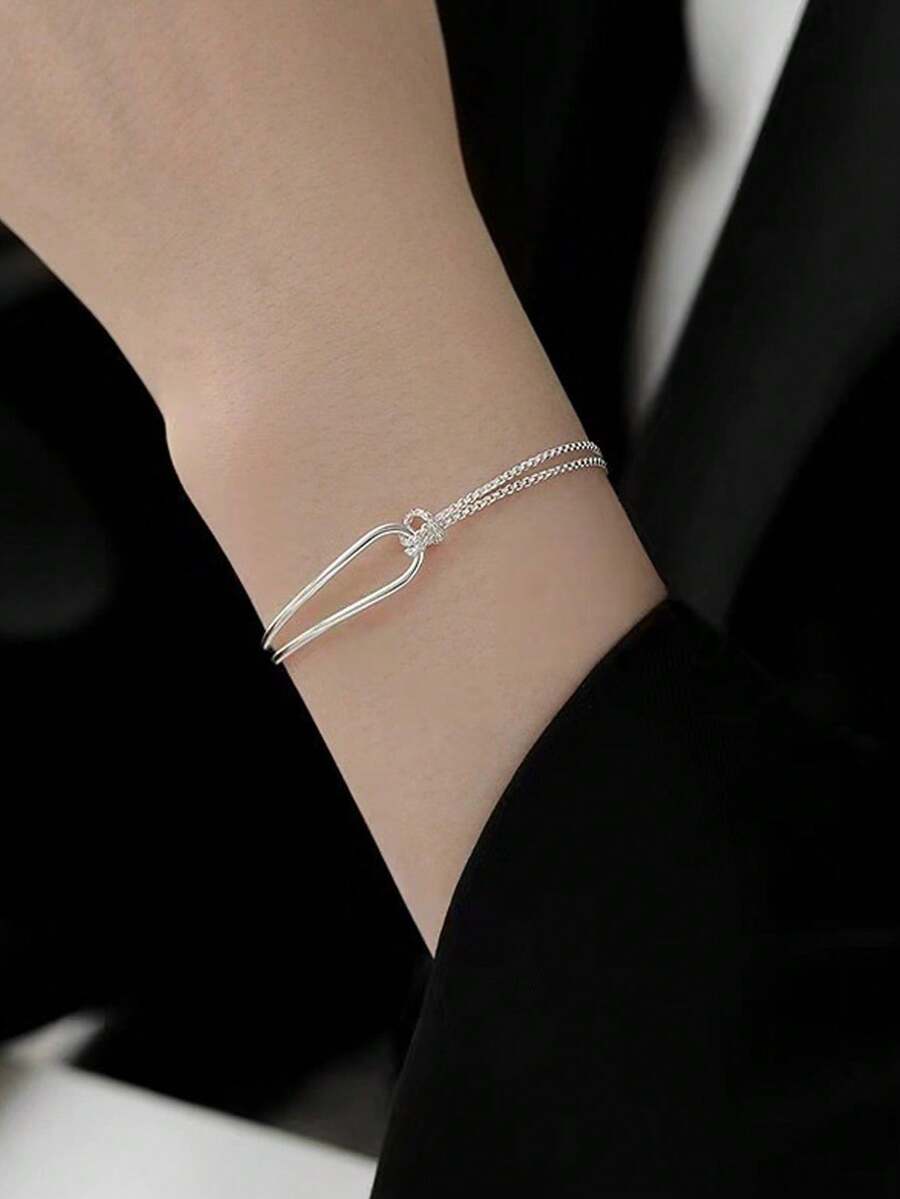 1pc S925 Sterling Silver Creative Personalized Fashion Niche Geometric Knot Design Bracelet, Versatile Daily Wear Gift For Women - Silver - View 1