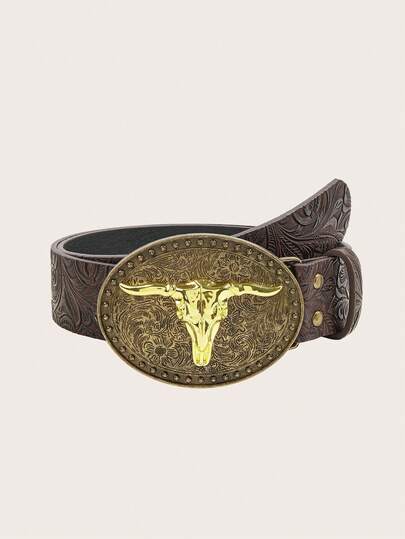 1pc Vintage Western Style Gold Bull Head Oval Embossed Brown Metal Cowgirl Belt, Suitable For Jeans, Skirts, Denim Shirts, Parties, Dates, Halloween, Christmas, Gifts For Women, Mothers, Outdoor Activities, Vacation, Travel