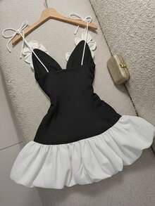 Valentine's Day Party Dress, Peplum Dress, Sexy Peplum Dress, Handmade Floral Camisole Dress, Bridesmaid Dress, Vacation Dress Summer - Black and White - View 2