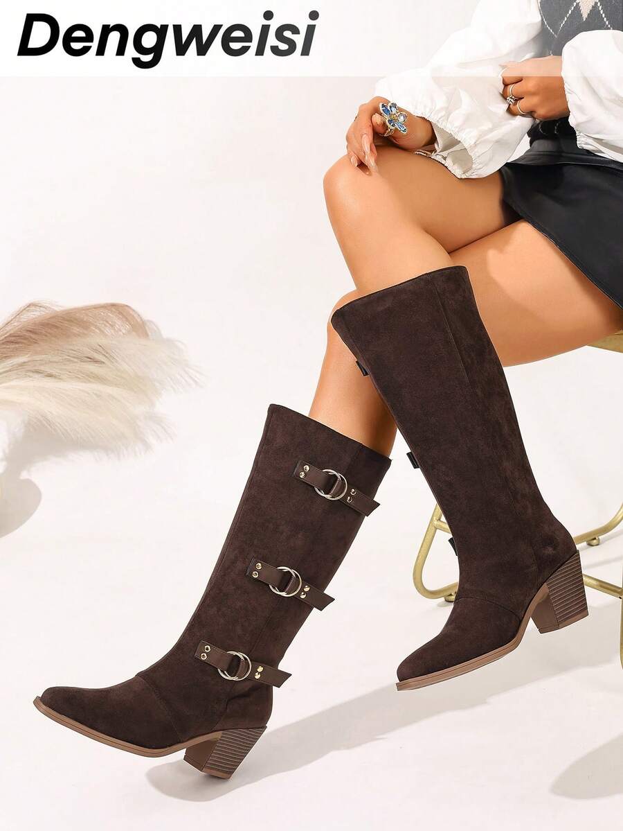 Deep Coffee Slip-On Slip-On High-Top Boots, Chunky Heel Square Toe, Fashion Women's Boots, Versatile Elegant Office & Casual Wear, Western Style Booties - Coffee Brown - View 1