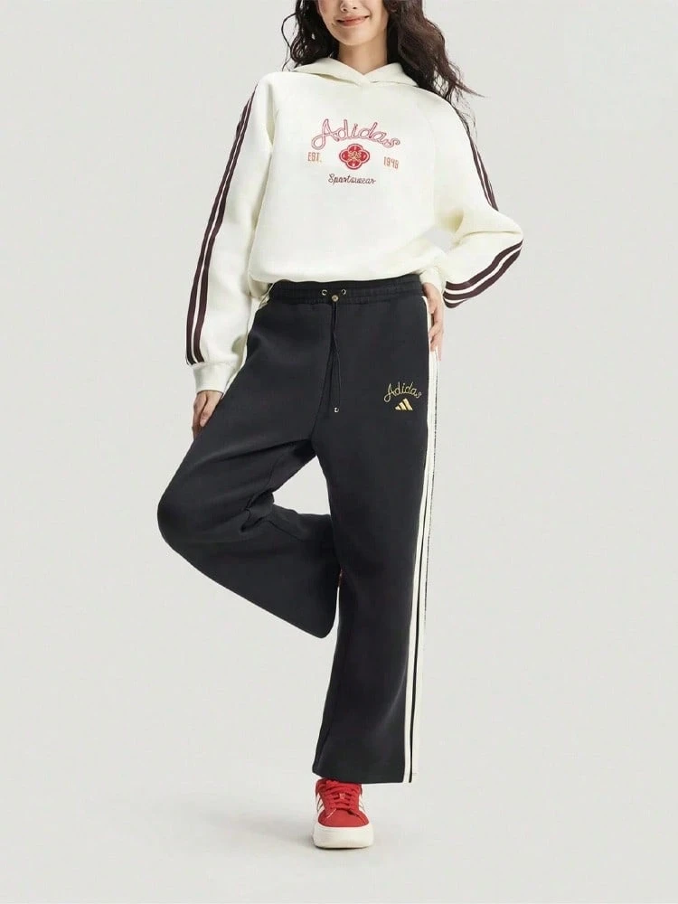 Pantalón ancho de punto Adidas CNY, pantalón de chándal ancho y suelto versátil y casual, para mujer - Blanco y Negro - Ver 1