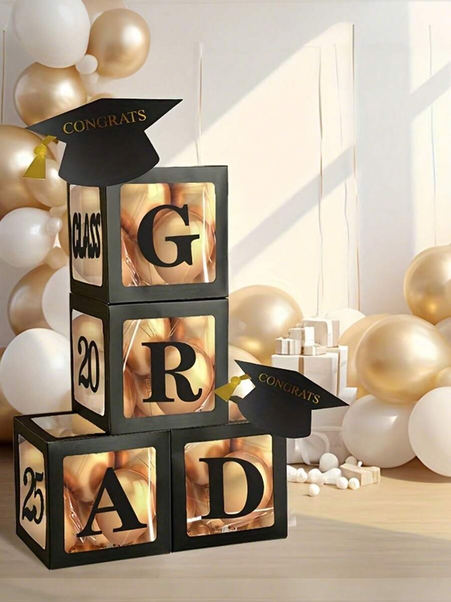 1 Set 2026 Graduation Party Decoration Box, Includes Building Blocks Box, Graduation Party Decor Set And 4 Black Boxes With "GRAD", "Class Of 2026" And "Proud Of You" Logos, Suitable For 2026 Graduation Celebration, 2026 Graduation Party Decor, Surprise Graduation Season Party Gift Box, Photo Background Decor