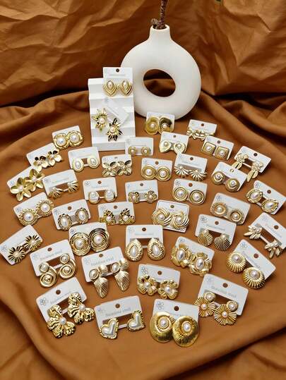 24 piezas/12 pares de pendientes exquisitos de acero inoxidable - Joyería de flor de amor de perla falsa, versátil para uso diario de mujeres, regalo preferido para el Día del Maestro, el Día de la Madre y el cumpleaños