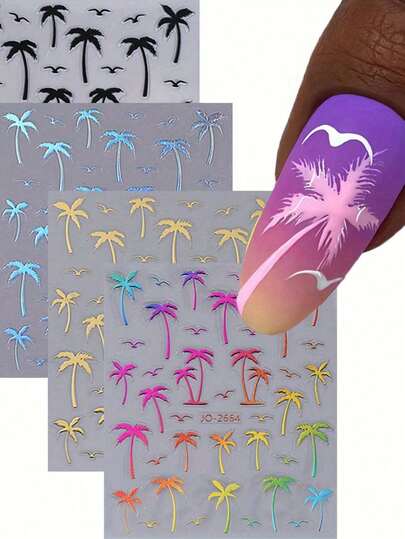 4pcs Summer Island Coconut Tree 4-Color Nail Art Stickers, Suitable For Nail DIY, Charming Design, Self-Adhesive Nail Supplies, Essential For Nail Artists